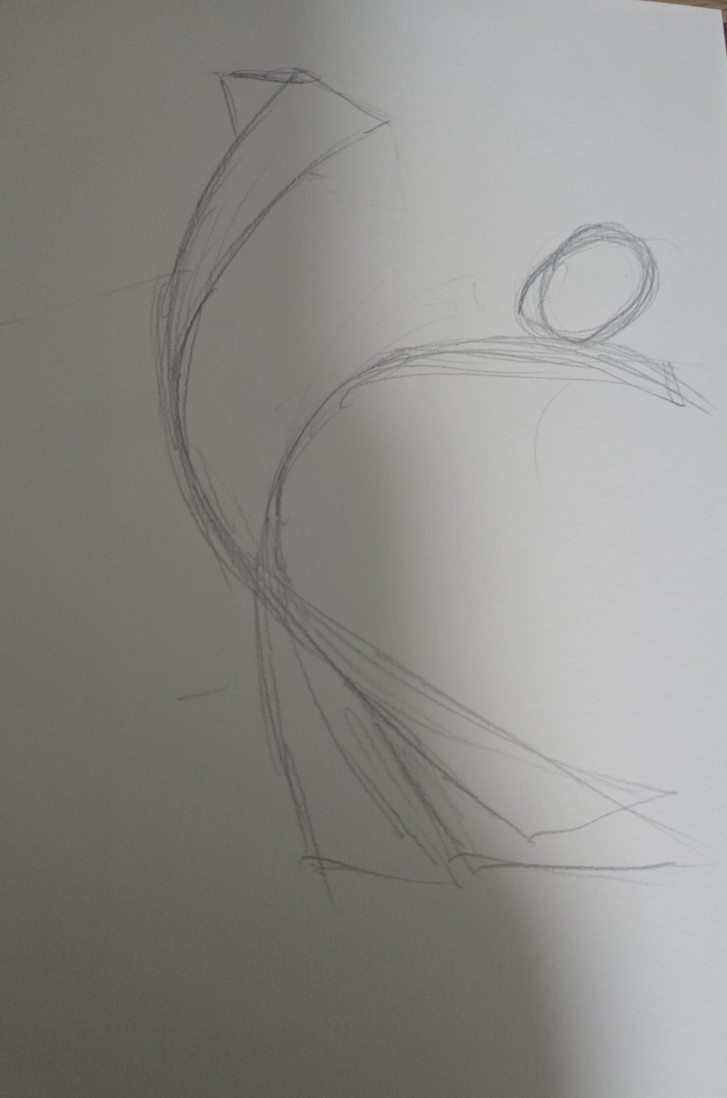 Sketch of the first study — a curved form with a spherical top that could topple